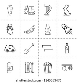 Set of 16 cartoon outline icons such as plow, carrot, pea, rocket, excavator, staples, shovel, harp, popcorn, business, santa claus, oxygen scuba, car, ski, thermos