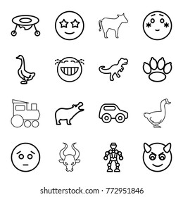 Set of 16 cartoon outline icons such as hippopotamus, goose, baby toy, toy car, paw, sad emot, laughing emot, shy emoji, devil emot, happe emoji with star eyes, robot