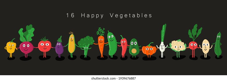 Set of 16 cartoon vegetables with faces. Yellow pepper, beetroot, tomato, egg plant, corn, broccoli, carrot, cucumber, chilli, avocado, pumpkin, spring onion, cauliflower, radish, potato, zucchini