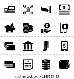 Set of 16 cash filled icons such as money, coin on hand, dollar sign on phone, wallet, piggy bank, bank, credit card, credit card payment, atm and hand with coin, coins