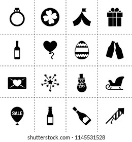 Set of 16 celebration filled icons such as fireworks, present, love letter, balloon, easter egg, champagne bottle, snowman, beer bottle, clover, sledge, sale baloon, ring