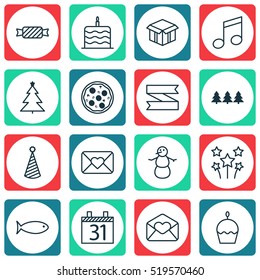 Set Of 16 Celebration Icons. Can Be Used For Web, Mobile, UI And Infographic Design. Includes Elements Such As Candy, Celebration, Hat And More.