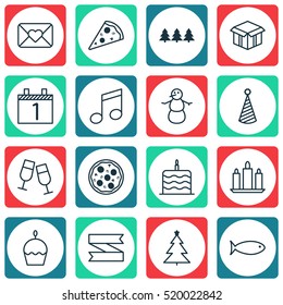 Set Of 16 Celebration Icons. Can Be Used For Web, Mobile, UI And Infographic Design. Includes Elements Such As Candle, Month, Envelope And More.