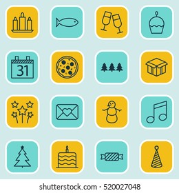 Set Of 16 Celebration Icons. Can Be Used For Web, Mobile, UI And Infographic Design. Includes Elements Such As Box, Musical, Sweet And More.