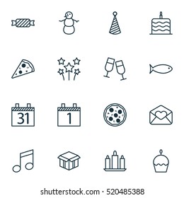 Set Of 16 Celebration Icons. Can Be Used For Web, Mobile, UI And Infographic Design. Includes Elements Such As Winter, Cake, Box And More.