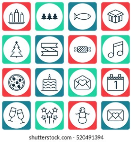 Set Of 16 Celebration Icons. Can Be Used For Web, Mobile, UI And Infographic Design. Includes Elements Such As Musical, Food, Banner And More.