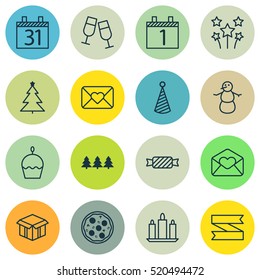 Set Of 16 Celebration Icons. Can Be Used For Web, Mobile, UI And Infographic Design. Includes Elements Such As Celebrating, Wax, Calendar And More.