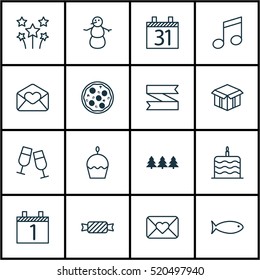 Set Of 16 Celebration Icons. Can Be Used For Web, Mobile, UI And Infographic Design. Includes Elements Such As Snowman, Pizzeria, Ribbon And More.