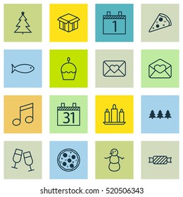 Set Of 16 Celebration Icons. Can Be Used For Web, Mobile, UI And Infographic Design. Includes Elements Such As Muffin, Winter, Pizza And More.