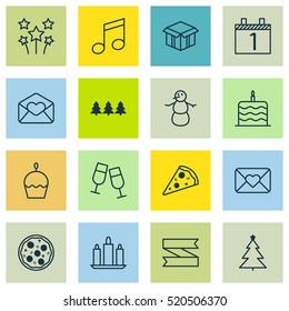 Set Of 16 Celebration Icons. Can Be Used For Web, Mobile, UI And Infographic Design. Includes Elements Such As Christmas, Calendar, Slice And More.