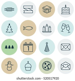 Set Of 16 Celebration Icons. Can Be Used For Web, Mobile, UI And Infographic Design. Includes Elements Such As Wax, Clink, Close And More.