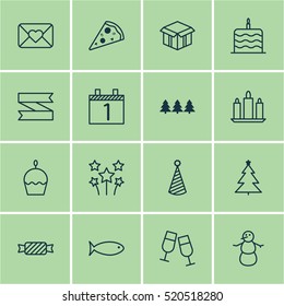 Set Of 16 Celebration Icons. Can Be Used For Web, Mobile, UI And Infographic Design. Includes Elements Such As Glasses, Winter, Open And More.