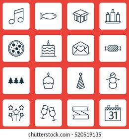 Set Of 16 Celebration Icons. Can Be Used For Web, Mobile, UI And Infographic Design. Includes Elements Such As Aquatic, Musical, Celebration And More.