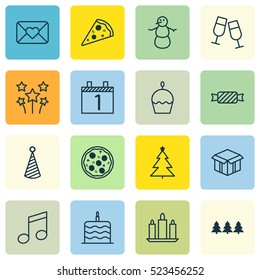 Set Of 16 Celebration Icons. Can Be Used For Web, Mobile, UI And Infographic Design. Includes Elements Such As Piece, Celebrating, Note And More.