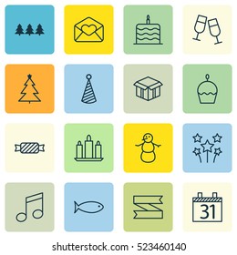 Set Of 16 Celebration Icons. Can Be Used For Web, Mobile, UI And Infographic Design. Includes Elements Such As Glasses, Ribbon, Celebration And More.