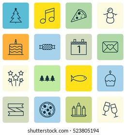 Set Of 16 Celebration Icons. Can Be Used For Web, Mobile, UI And Infographic Design. Includes Elements Such As Celebrate, Agenda, Musical And More.