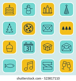 Set Of 16 Celebration Icons. Can Be Used For Web, Mobile, UI And Infographic Design. Includes Elements Such As Love, Ribbon, Calendar And More.