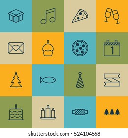 Set Of 16 Celebration Icons. Can Be Used For Web, Mobile, UI And Infographic Design. Includes Elements Such As Open, Cardboard, Flame And More.