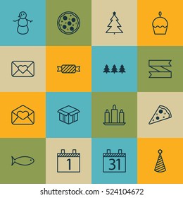 Set Of 16 Celebration Icons. Can Be Used For Web, Mobile, UI And Infographic Design. Includes Elements Such As Cake, Meal, Blank And More.