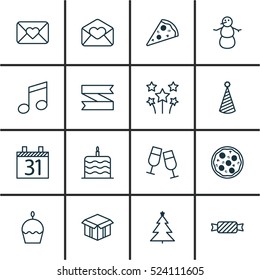 Set Of 16 Celebration Icons. Can Be Used For Web, Mobile, UI And Infographic Design. Includes Elements Such As Christmas, Pizza, Birthday And More.