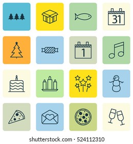 Set Of 16 Celebration Icons. Can Be Used For Web, Mobile, UI And Infographic Design. Includes Elements Such As Cardboard, Meal, Pizza And More.