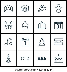 Set Of 16 Celebration Icons. Can Be Used For Web, Mobile, UI And Infographic Design. Includes Elements Such As Birthday, Food, Love And More.