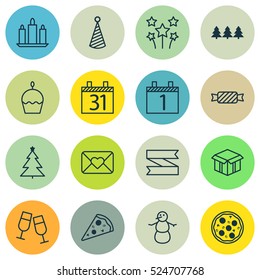 Set Of 16 Celebration Icons. Can Be Used For Web, Mobile, UI And Infographic Design. Includes Elements Such As Cake, Cupcake, Candle And More.