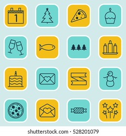 Set Of 16 Celebration Icons. Can Be Used For Web, Mobile, UI And Infographic Design. Includes Elements Such As Celebration Cake, Decorated Tree, Sweet And More.