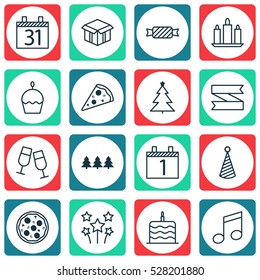 Set Of 16 Celebration Icons. Can Be Used For Web, Mobile, UI And Infographic Design. Includes Elements Such As Birthday Cake, Crotchets, Date And More.