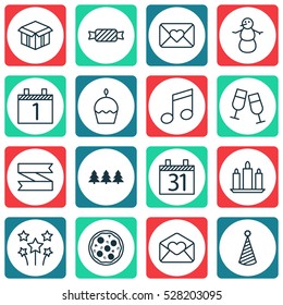 Set Of 16 Celebration Icons. Can Be Used For Web, Mobile, UI And Infographic Design. Includes Elements Such As Agenda, Pizza Meal, Greeting Email And More.