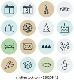 Set Of 16 Celebration Icons. Can Be Used For Web, Mobile, UI And Infographic Design. Includes Elements Such As Celebration Letter, Wax, Blank Ribbon And More.