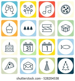 Set Of 16 Celebration Icons. Can Be Used For Web, Mobile, UI And Infographic Design. Includes Elements Such As Birthday Cake, Sliced Pizza, Celebration Cake And More.