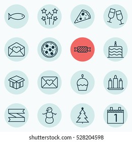 Set Of 16 Celebration Icons. Can Be Used For Web, Mobile, UI And Infographic Design. Includes Elements Such As Sweet, Fishing, Celebration Letter And More.