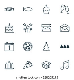 Set Of 16 Celebration Icons. Can Be Used For Web, Mobile, UI And Infographic Design. Includes Elements Such As Sliced Pizza, Agenda, Birthday Cake And More.