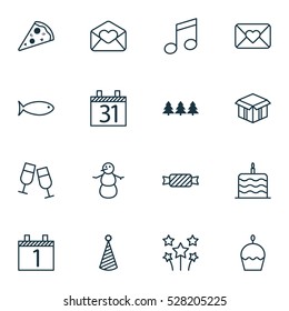 Set Of 16 Celebration Icons. Can Be Used For Web, Mobile, UI And Infographic Design. Includes Elements Such As Holiday Ornament, Winter, Birthday Hat And More.