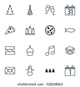 Set Of 16 Celebration Icons. Can Be Used For Web, Mobile, UI And Infographic Design. Includes Elements Such As Sliced Pizza, Birthday Cake, Celebration Letter And More.