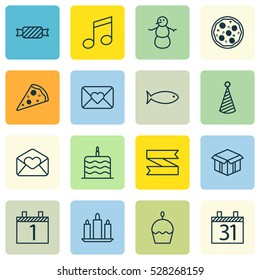 Set Of 16 Celebration Icons. Can Be Used For Web, Mobile, UI And Infographic Design. Includes Elements Such As Open Cardboard, Sliced Pizza, Winter And More.