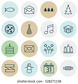 Set Of 16 Celebration Icons. Can Be Used For Web, Mobile, UI And Infographic Design. Includes Elements Such As Decorated Tree, Wax, Date And More.