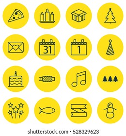 Set Of 16 Celebration Icons. Can Be Used For Web, Mobile, UI And Infographic Design. Includes Elements Such As Date, Blank Ribbon, Birthday Hat And More.