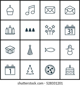 Set Of 16 Celebration Icons. Can Be Used For Web, Mobile, UI And Infographic Design. Includes Elements Such As Birthday Cake, Holiday Ornament, Festive Fireworks And More.