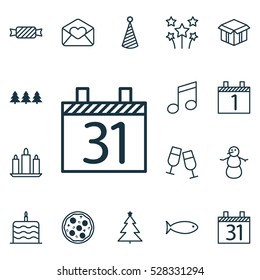 Set Of 16 Celebration Icons. Can Be Used For Web, Mobile, UI And Infographic Design. Includes Elements Such As Decorated Tree, Wax, Date And More.