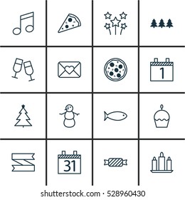 Set Of 16 Celebration Icons. Can Be Used For Web, Mobile, UI And Infographic Design. Includes Elements Such As Decorated Tree, Winter, Pizza Meal And More.