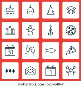 Set Of 16 Celebration Icons. Can Be Used For Web, Mobile, UI And Infographic Design. Includes Elements Such As Winter, Fishing, Decorated Tree And More.