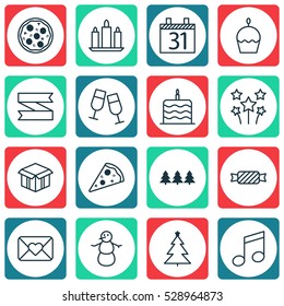 Set Of 16 Celebration Icons. Can Be Used For Web, Mobile, UI And Infographic Design. Includes Elements Such As Sliced Pizza, Decorated Tree, Celebration Cake And More.