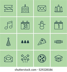 Set Of 16 Celebration Icons. Can Be Used For Web, Mobile, UI And Infographic Design. Includes Elements Such As Festive Fireworks, Winter, Pizza Meal And More.