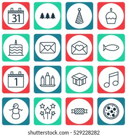 Set Of 16 Celebration Icons. Can Be Used For Web, Mobile, UI And Infographic Design. Includes Elements Such As Date, Holiday Ornament, Birthday Cake And More.