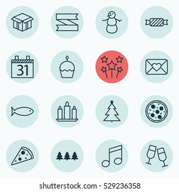 Set Of 16 Celebration Icons. Can Be Used For Web, Mobile, UI And Infographic Design. Includes Elements Such As Pizza Meal, Holiday Ornament, Birthday Cake And More.