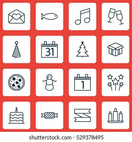 Set Of 16 Celebration Icons. Can Be Used For Web, Mobile, UI And Infographic Design. Includes Elements Such As Wax, Winter, Date And More.