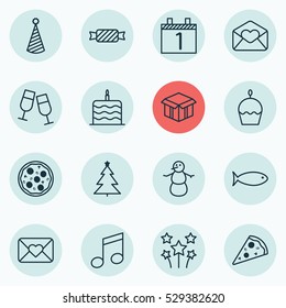 Set Of 16 Celebration Icons. Can Be Used For Web, Mobile, UI And Infographic Design. Includes Elements Such As Open Cardboard, Winter, Sliced Pizza And More.