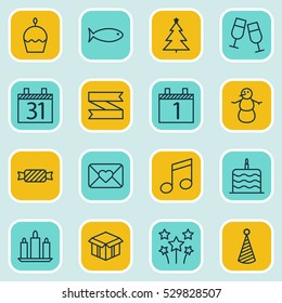 Set Of 16 Celebration Icons. Can Be Used For Web, Mobile, UI And Infographic Design. Includes Elements Such As Crotchets, Wax, Open Cardboard And More.